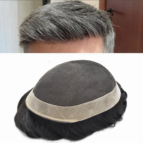 Mens Toupee Human Hair French Lace Hair Pieces For Men Toupee For Men Hair System 100% Human Hair Replacement System For Men Hair Pieces 7x10 100% light to Medium density#1B60 1B# OFF BLACK 60% GREY