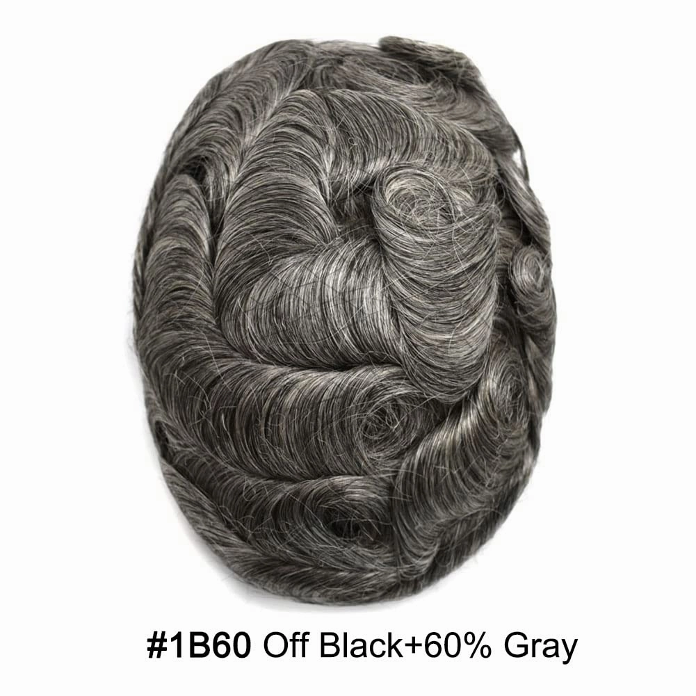 Mens Toupee Human Hair French Lace Hair Pieces For Men Toupee For Men Hair System 100% Human Hair Replacement System For Men Hair Pieces 7x10 100% light to Medium density#1B60 1B# OFF BLACK 60% GREY