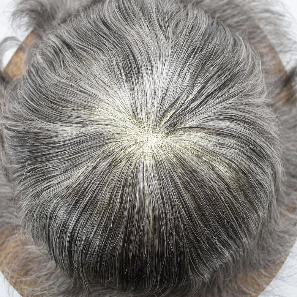 Mens Toupee Human Hair French Lace Hair Pieces For Men Toupee For Men Hair System 100% Human Hair Replacement System For Men Hair Pieces 7x10 100% light to Medium density#1B60 1B# OFF BLACK 60% GREY