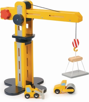 Mentari Toys - Big Yellow Crane - Interactive Wooden Construction Toy with Moving Arm, Rotating Turntable, Liftable Hook, 2 Construction Vehicles - Develops Fine Motor Skills & Imagination - Age 3 