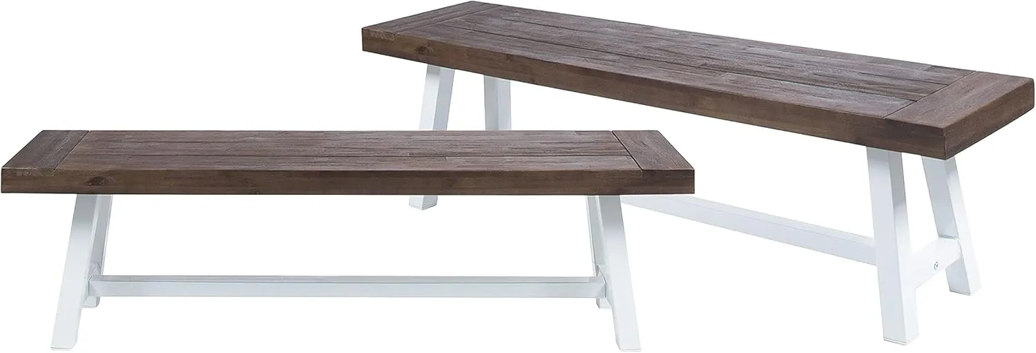 Merax 2 Pack Outdoor Acacia Wood Patio Bench, Garden Benches for Porch Park Yard Backyard Lawn, Brown White