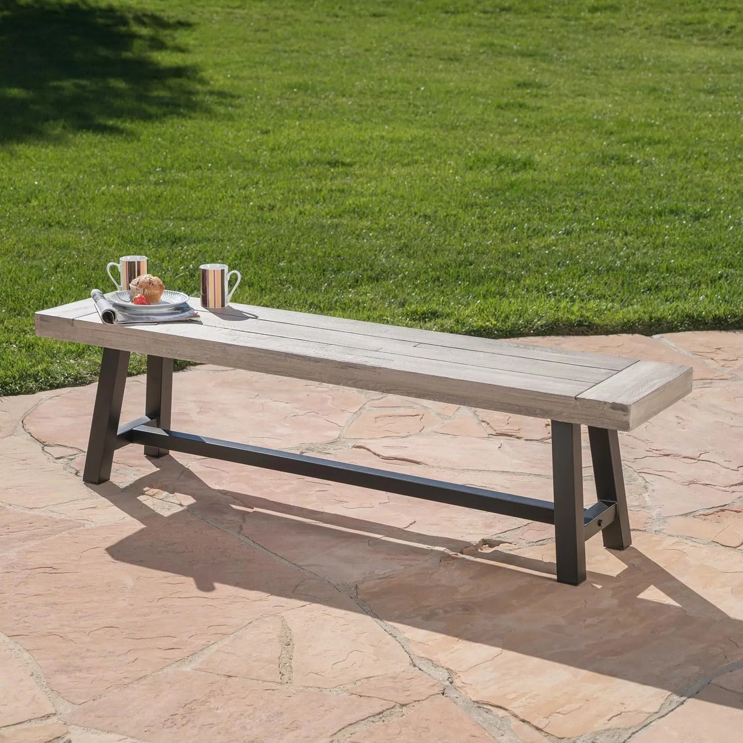 Merax Outdoor Acacia Wood Patio Bench, Garden Benches for Porch Park Yard Backyard Lawn, Grey Black