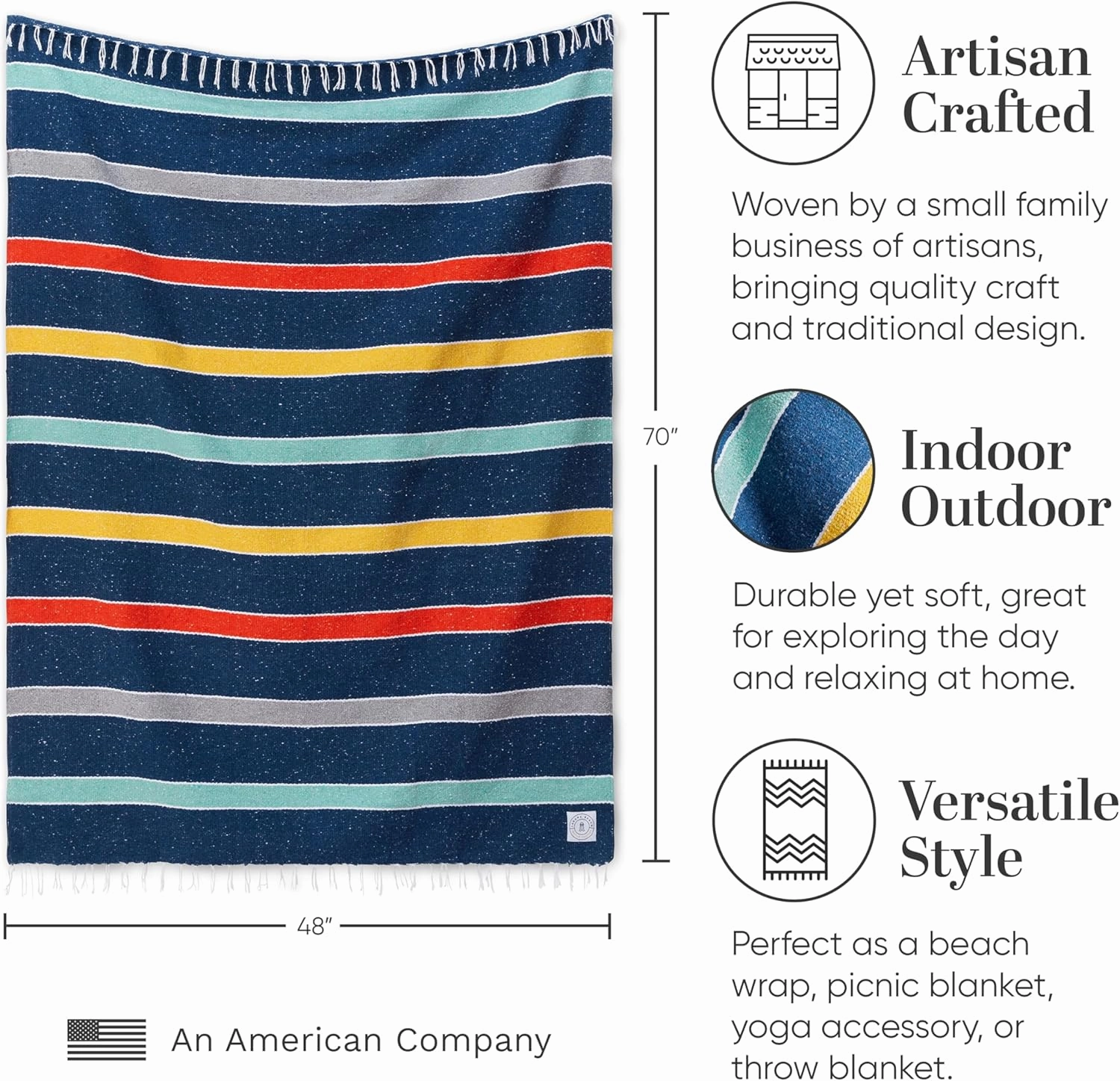 Mexican Blanket by Laguna Beach Textile Co - Beach, Yoga, Camping, or Decorative Throw Blanket - Traditional Handmade Serape - Sunset