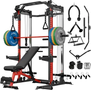 Mikolo Power Cage, 2000LB Squat Rack, Dual Pulley Cable Crossover System, Multi-function Free Weight Home Gym Workout Machine with Attachments