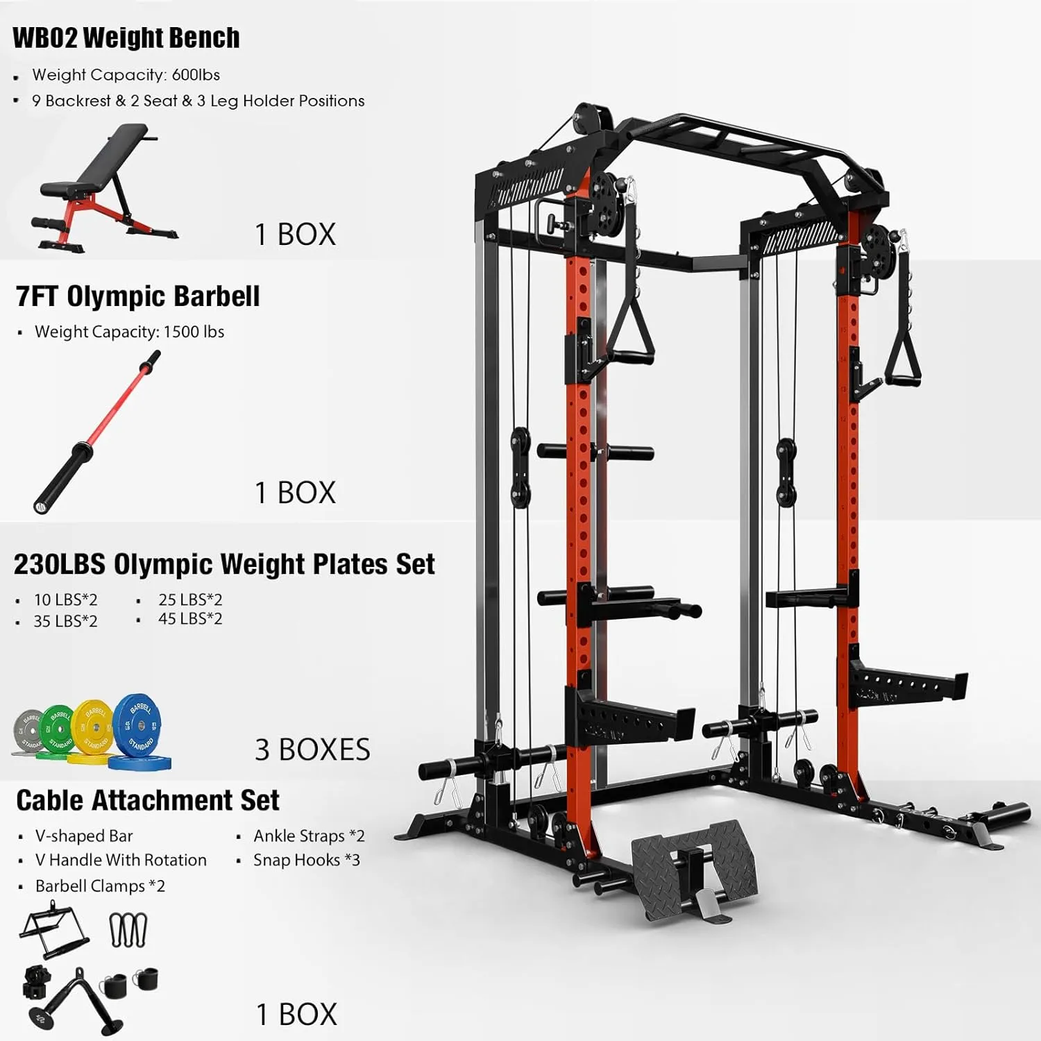 Mikolo Power Cage, 2000LB Squat Rack, Dual Pulley Cable Crossover System, Multi-function Free Weight Home Gym Workout Machine with Attachments
