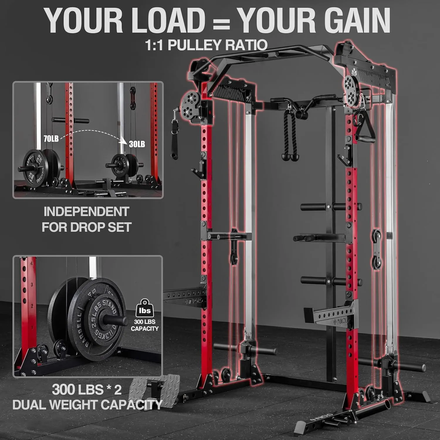 Mikolo Power Cage, 2000LB Squat Rack, Dual Pulley Cable Crossover System, Multi-function Free Weight Home Gym Workout Machine with Attachments
