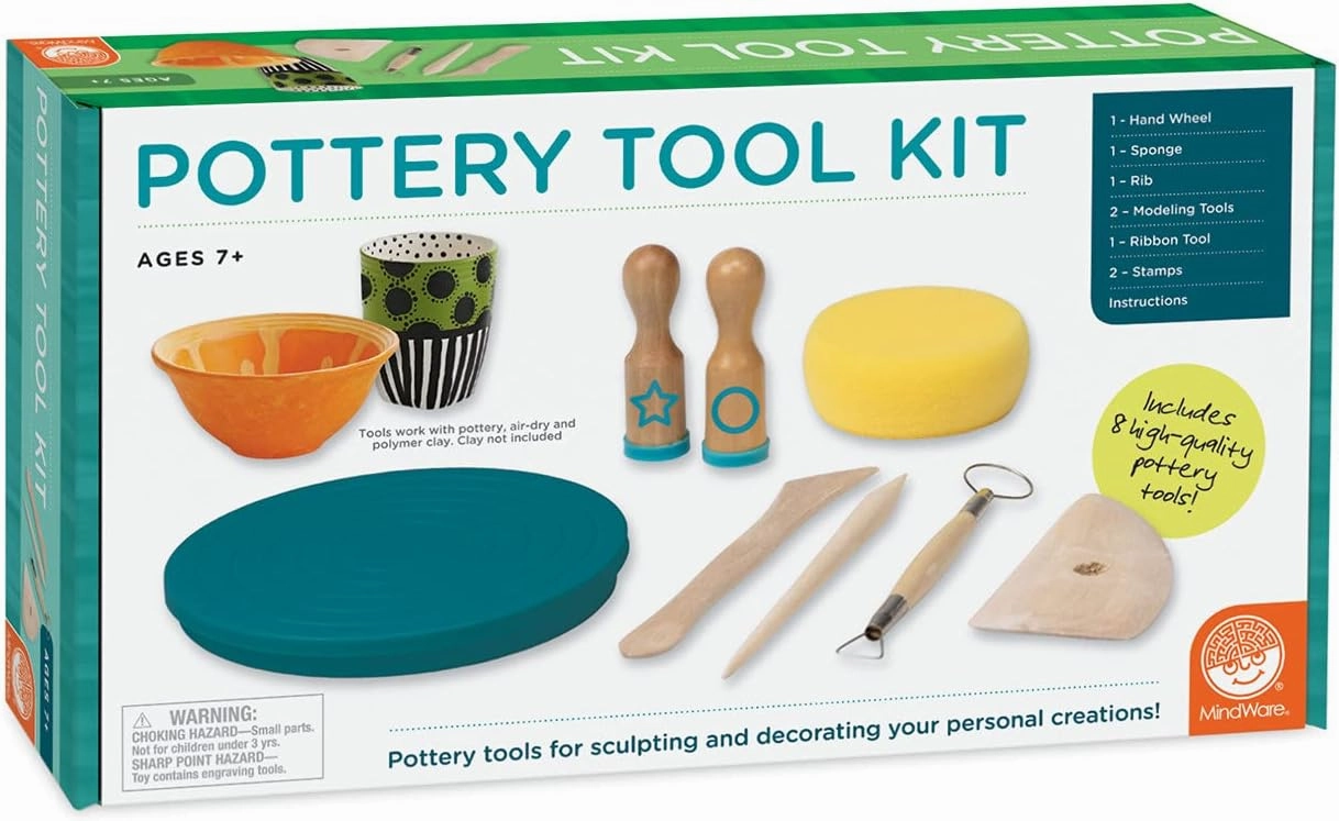 MindWare Beginner Pottery Tool Kit for Kids - 8 Piece Set Includes Hand Wheel, Sponge, Rib, Molding Tools and More