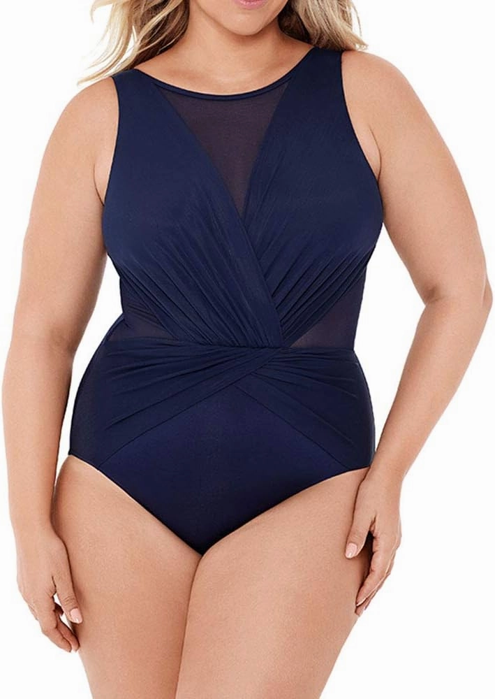 Miraclesuit Women's Swimwear Plus Size Illusionist Palma Tummy Control Soft Cup High Neckline One Piece Swimsuit