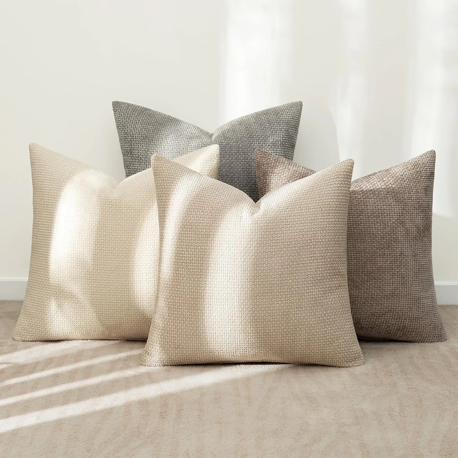 MIULEE Pack of 4 Couch Throw Pillow Covers 18x18 Inch Neutral Beige/Brown Soft Decorative Chenille Pillow Covers Farmhouse Accent Cushion Covers for Boho Home Decor Sofa Bedroom Living Room