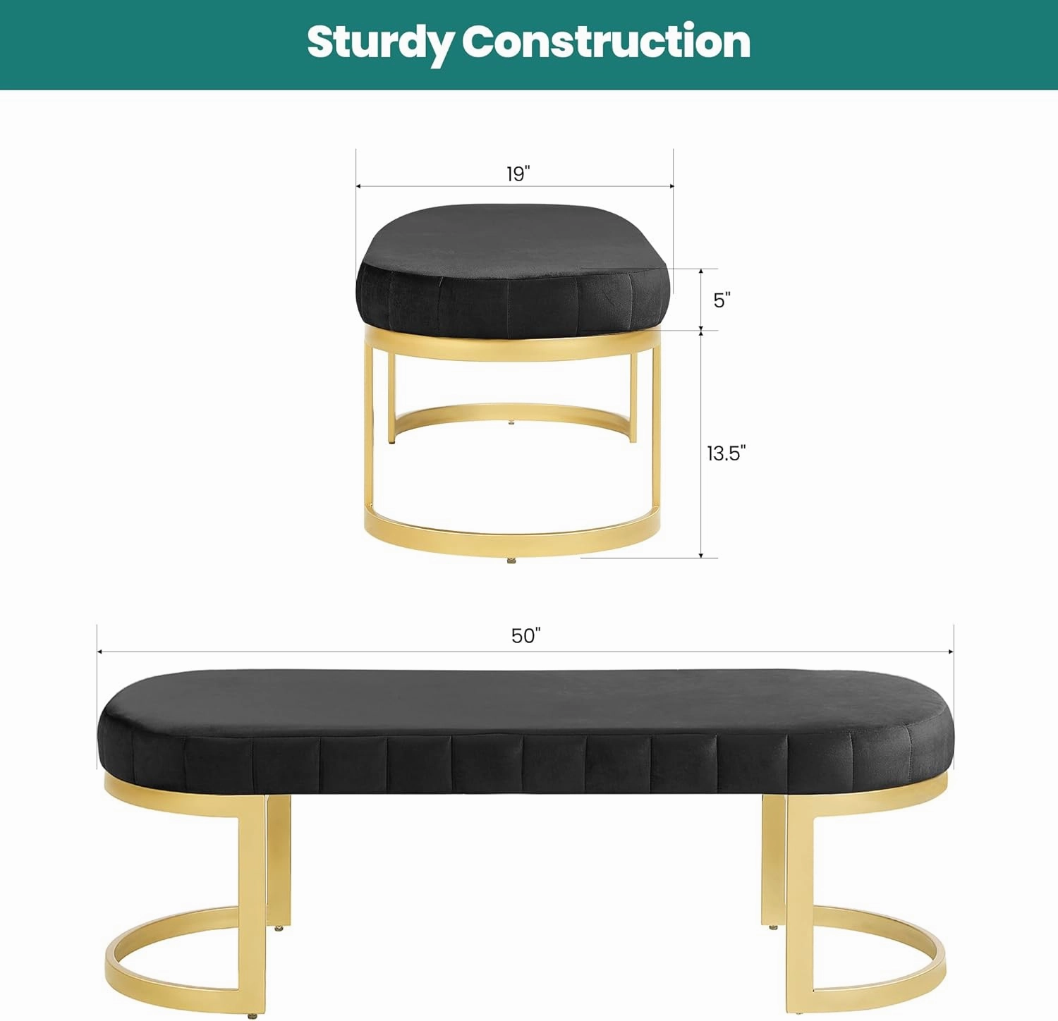 Morden Fort 50" Entryway Bench End of Bed Velvet Benches Ottoman for Bedroom Tufted Upholstered Modern Ottoman Bench with Gold Legs for Living Room, Foyer, Mudroom, Hallway Black
