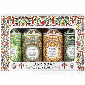 Mosaic Liquid Hand Soap / Wash Gift Set, Ideal Bathroom Kitchen Hand Soap Set , Olive Oil   Coconut & Hibiscus   Gardenia   Orange Blossom, 4 x 24.6 fl oz Each Liquid Soap Bottle