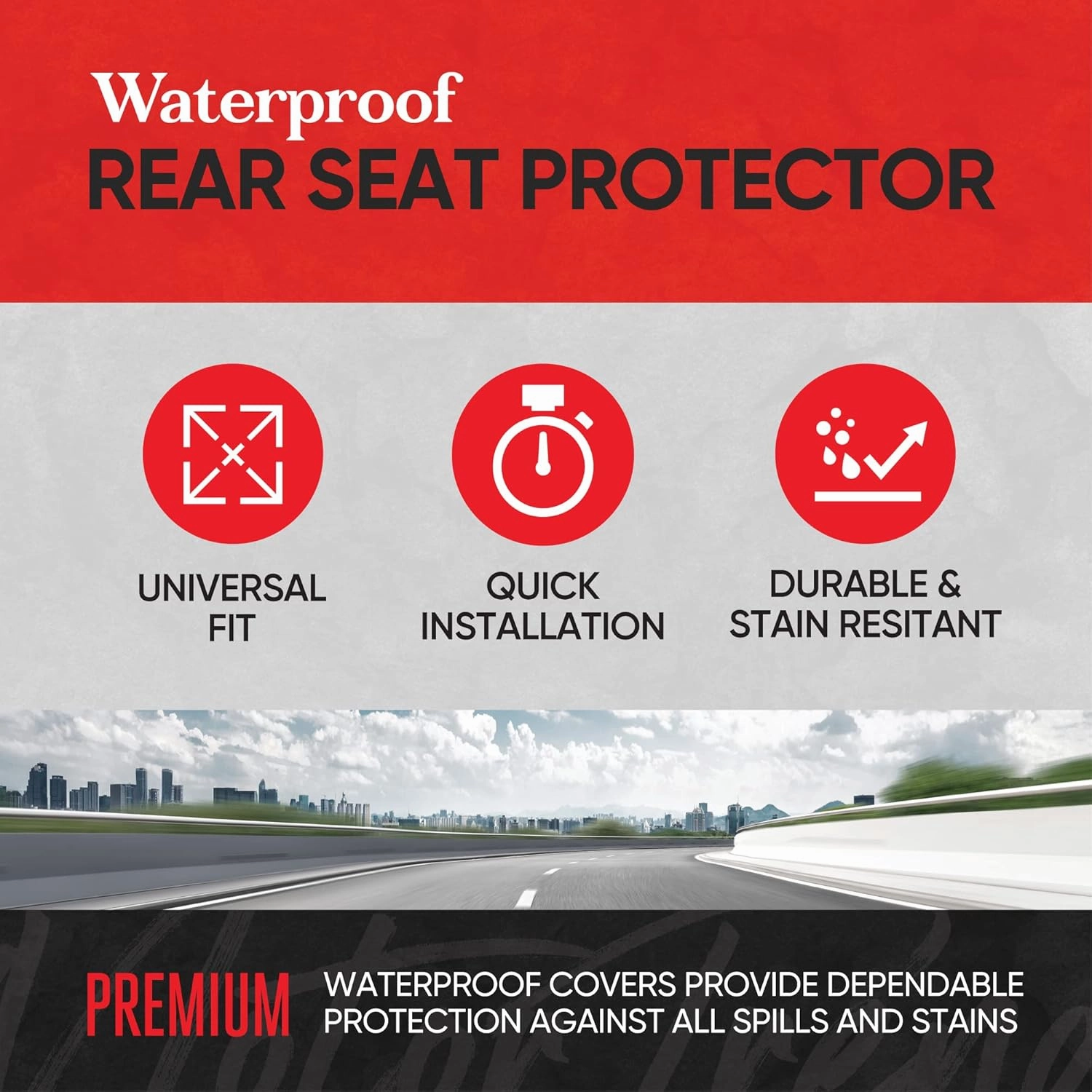 Motor Trend SpillGuard Neoprene Rear Seat Protector - Waterproof Bench Cover for Cars With Gray Stitching, Padding for Kids & Dogs
