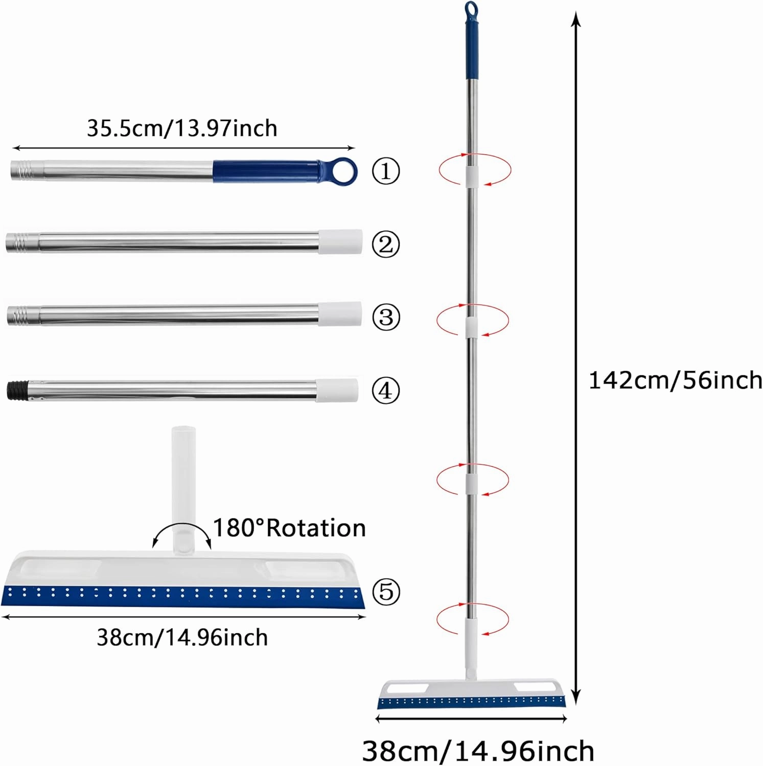 Multifunction Magic Air Broom, Silicone Broom with 56" Long Handle, 4 in 1 Rubber Squeegee Sweeper for Floor Bathroom Kitchen Shower Tile Pet Hair Fur Marble Glass Water Window Foam Cleaning (Blue)