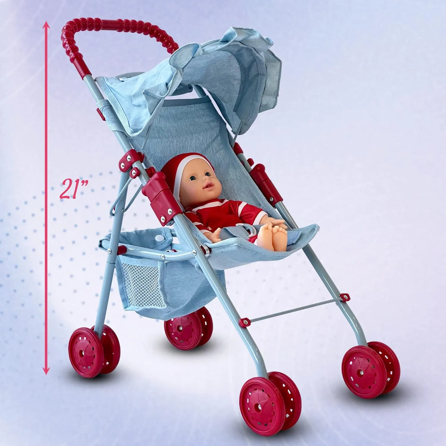 My First Baby Doll Stroller for Toddlers 3 Year Old Girls, Little Kids | Folding Baby Stroller for Dolls, Toy Stroller for Baby Dolls with Bottom Storage Basket, Foldable Frame, Canopy, Seatbelt