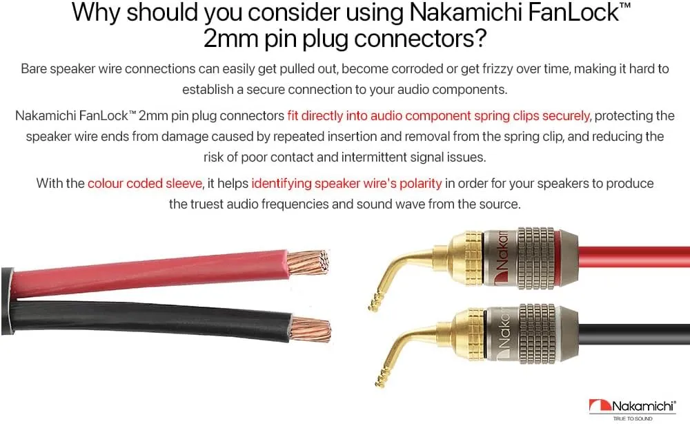 Nakamichi FanLock Excel Series 24k Gold Plated 2mm Pin Plug Banana 10 AWG - 18 AWG Gauge Size 4mm for Spring Clip Speakers Amplifier Hi-Fi Home Theatre Wire Cable Quick Connector, 16 Pcs (8-Pairs)
