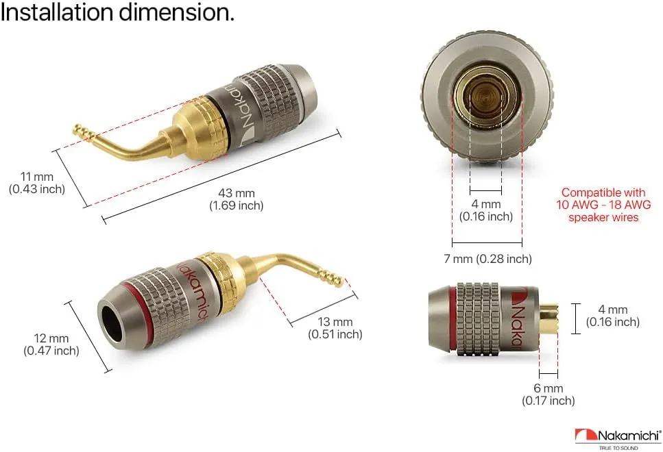 Nakamichi FanLock Excel Series 24k Gold Plated 2mm Pin Plug Banana 10 AWG - 18 AWG Gauge Size 4mm for Spring Clip Speakers Amplifier Hi-Fi Home Theatre Wire Cable Quick Connector, 16 Pcs (8-Pairs)