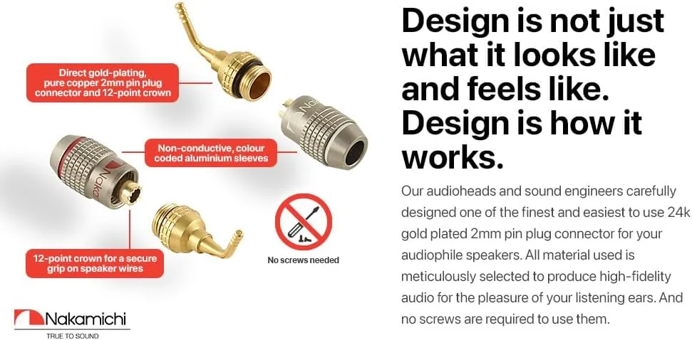Nakamichi FanLock Excel Series 24k Gold Plated 2mm Pin Plug Banana 10 AWG - 18 AWG Gauge Size 4mm for Spring Clip Speakers Amplifier Hi-Fi Home Theatre Wire Cable Quick Connector, 16 Pcs (8-Pairs)