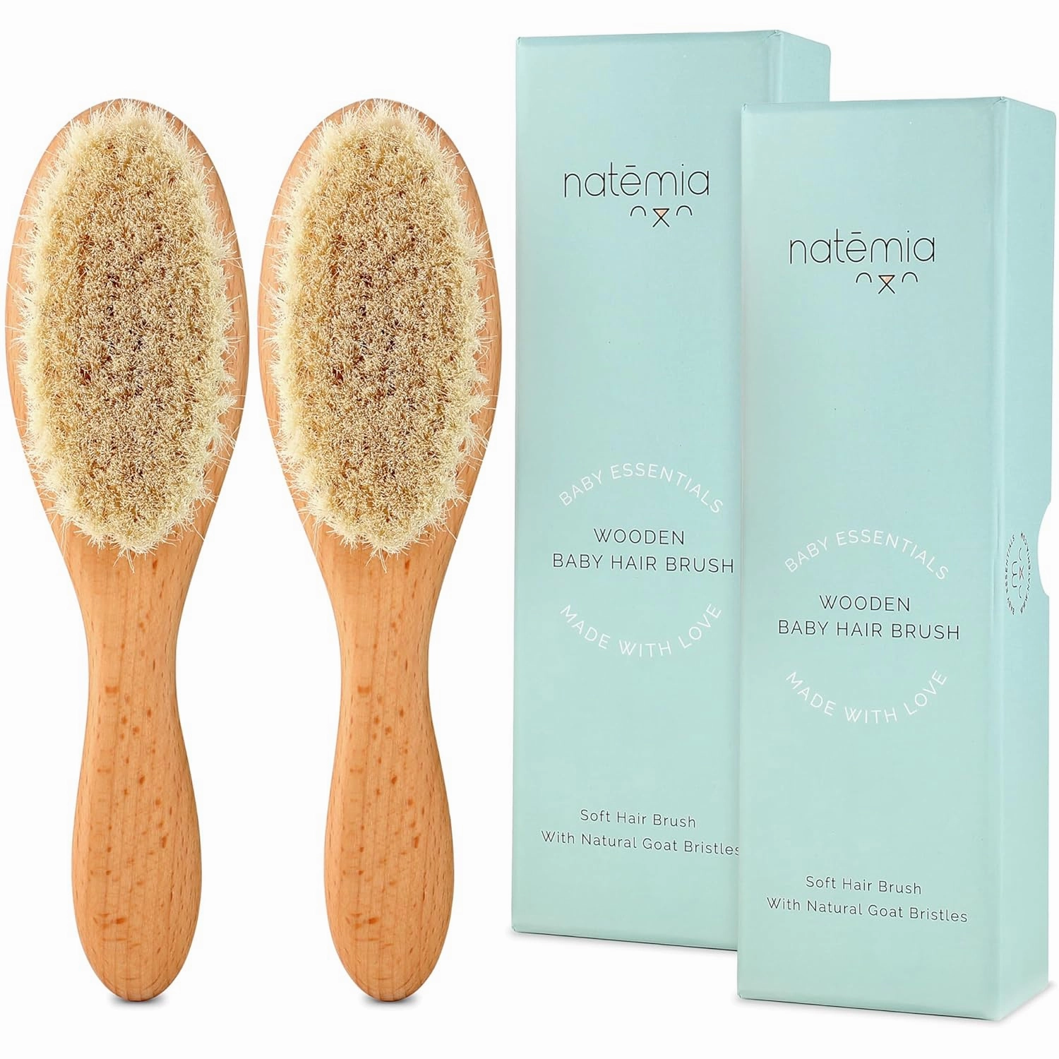 Natemia Soft Bristle Baby Hair Brush Set - 2 Pack Wooden Brushes for Newborns, Toddlers, and Baby Registry Gift