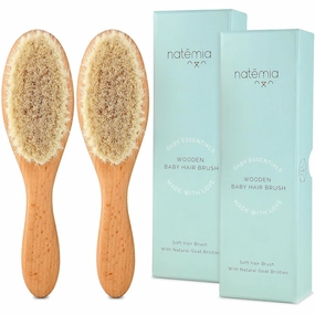Natemia Soft Bristle Baby Hair Brush Set - 2 Pack Wooden Brushes for Newborns, Toddlers, and Baby Registry Gift