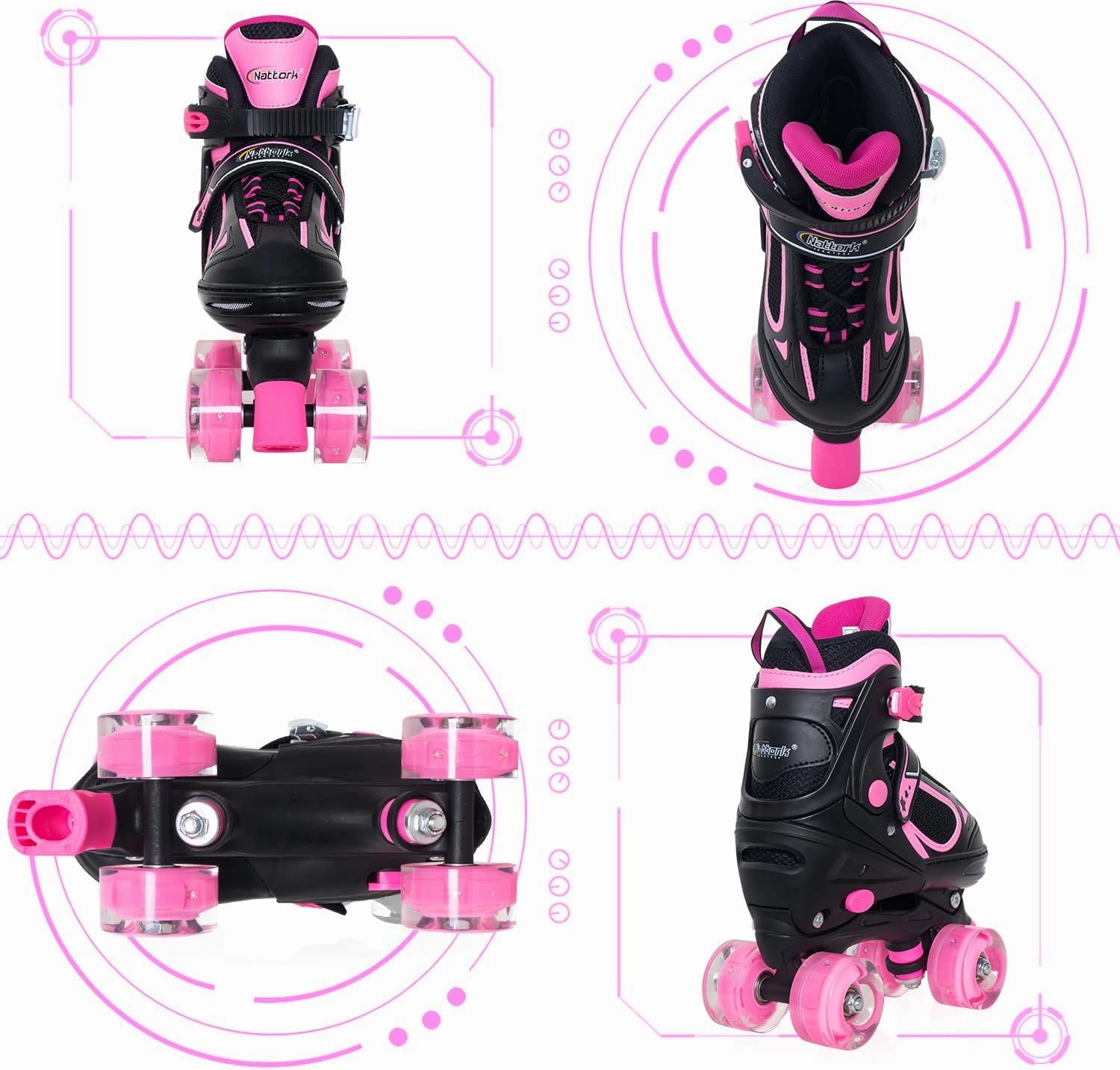 Nattork Kids Roller Skates for Boys Girls Kids, 4 Sizes Adjustable Quad Skates with All Light up Wheels - Birthday Gift for Indoor Outdoor Sports