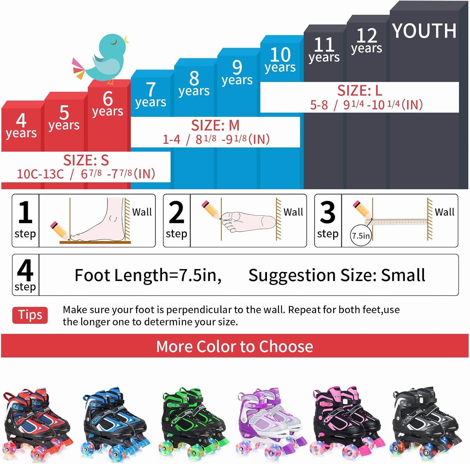Nattork Kids Roller Skates for Boys Girls Kids, 4 Sizes Adjustable Quad Skates with All Light up Wheels - Birthday Gift for Indoor Outdoor Sports