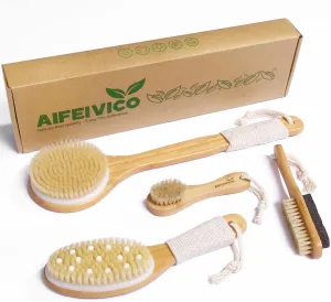 Natural Boar Bristle Dry Brush - Exfoliating Body, Face & Foot Brush, Long Handle Back Scrubber, Meridian Pressure for Lymphatic Drainage & Cellulite