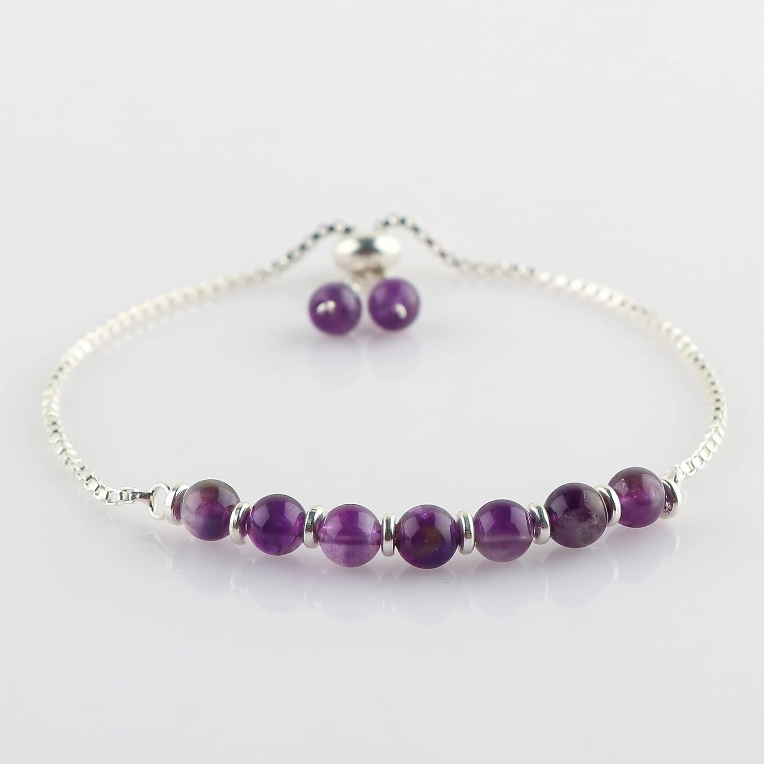 Natural Amethyst Gemstones Beads Bolo Bracelet, Silver Plated Handmade Adjustable Slider Chain for Easy On-Off, Wrist Jewelry, Christmas Gift (Amethyst)