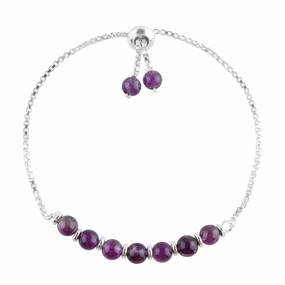 Natural Amethyst Gemstones Beads Bolo Bracelet, Silver Plated Handmade Adjustable Slider Chain for Easy On-Off, Wrist Jewelry, Christmas Gift (Amethyst)