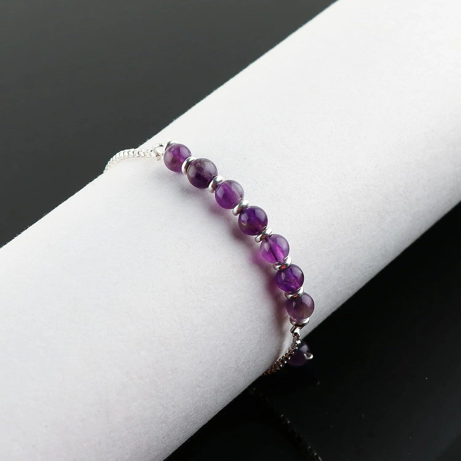 Natural Amethyst Gemstones Beads Bolo Bracelet, Silver Plated Handmade Adjustable Slider Chain for Easy On-Off, Wrist Jewelry, Christmas Gift (Amethyst)