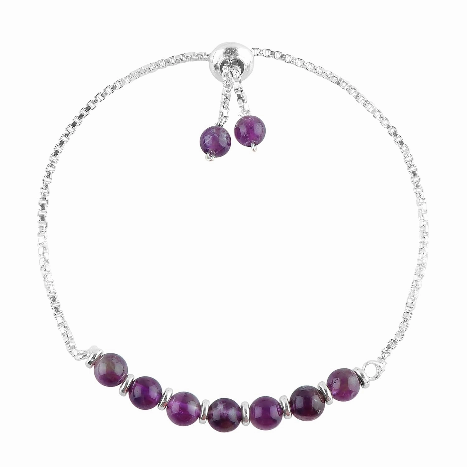 Natural Amethyst Gemstones Beads Bolo Bracelet, Silver Plated Handmade Adjustable Slider Chain for Easy On-Off, Wrist Jewelry, Christmas Gift (Amethyst)