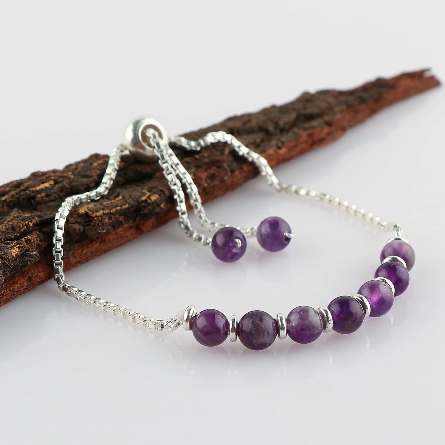 Natural Amethyst Gemstones Beads Bolo Bracelet, Silver Plated Handmade Adjustable Slider Chain for Easy On-Off, Wrist Jewelry, Christmas Gift (Amethyst)