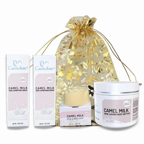 Natural Beauty Gift for Women - Luxury Spa Gift Set for Women with Superfood Camel Milk - Bath and Beauty Gift Set for Women - Body Butter, Hand and Foot Creams, Travel Soap and Gift Pouch
