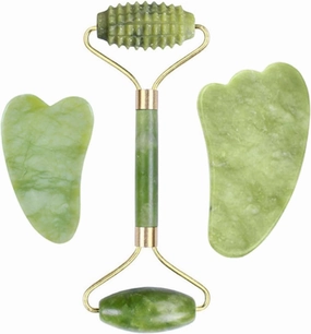 Natural Jade Stone Facial Massage Roller Gua Sha Board 3 Pcs/Set Gouache Scraper for Face Body Massager Beauty Skin Care Tools,C