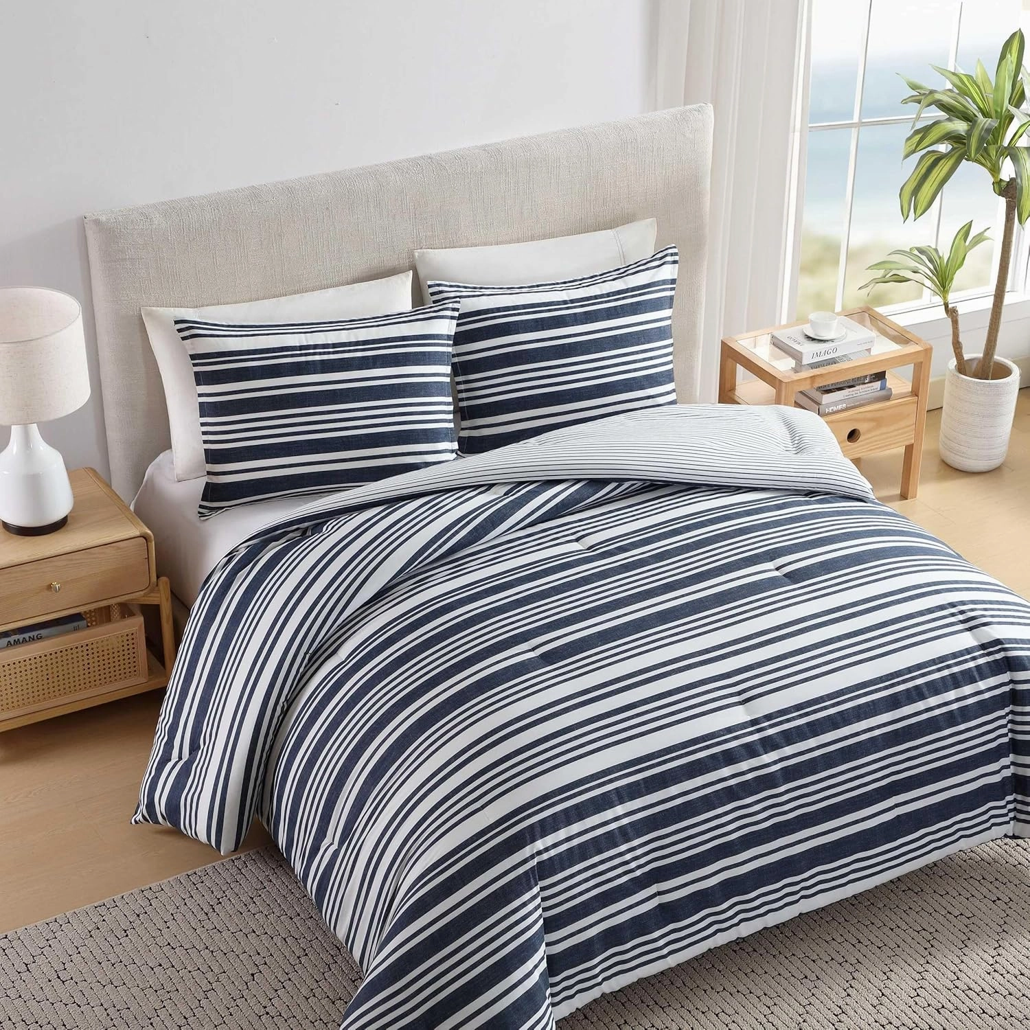 Nautica - Duvet Cover Set, Luxuriously Soft Bedding with Matching Shams, Button Closure, Intricate Relaxed Design (Coastline Stripe Blue, Full/Queen)