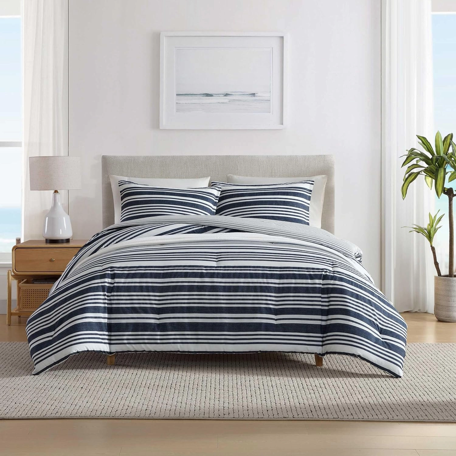 Nautica - Duvet Cover Set, Luxuriously Soft Bedding with Matching Shams, Button Closure, Intricate Relaxed Design (Coastline Stripe Blue, Full/Queen)
