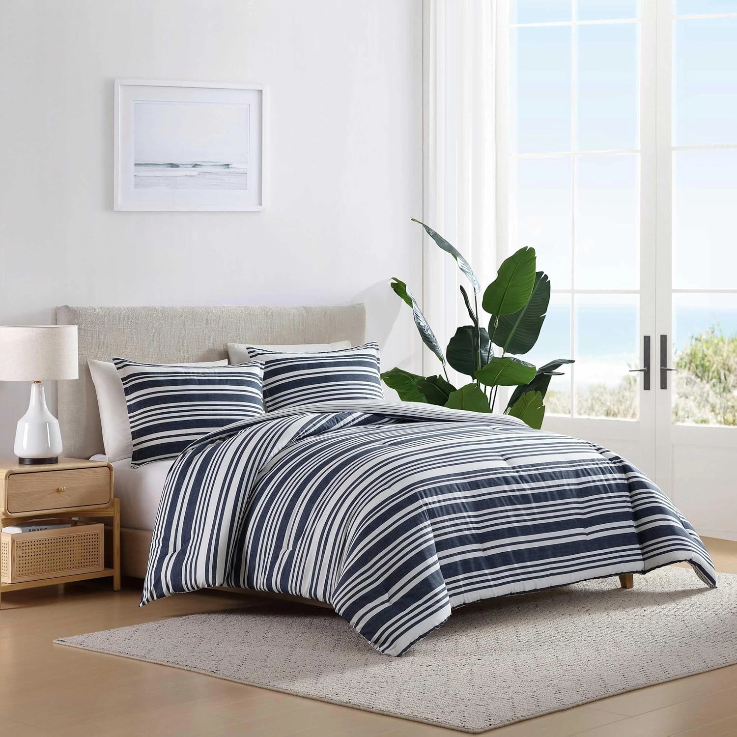 Nautica - Duvet Cover Set, Luxuriously Soft Bedding with Matching Shams, Button Closure, Intricate Relaxed Design (Coastline Stripe Blue, Full/Queen)