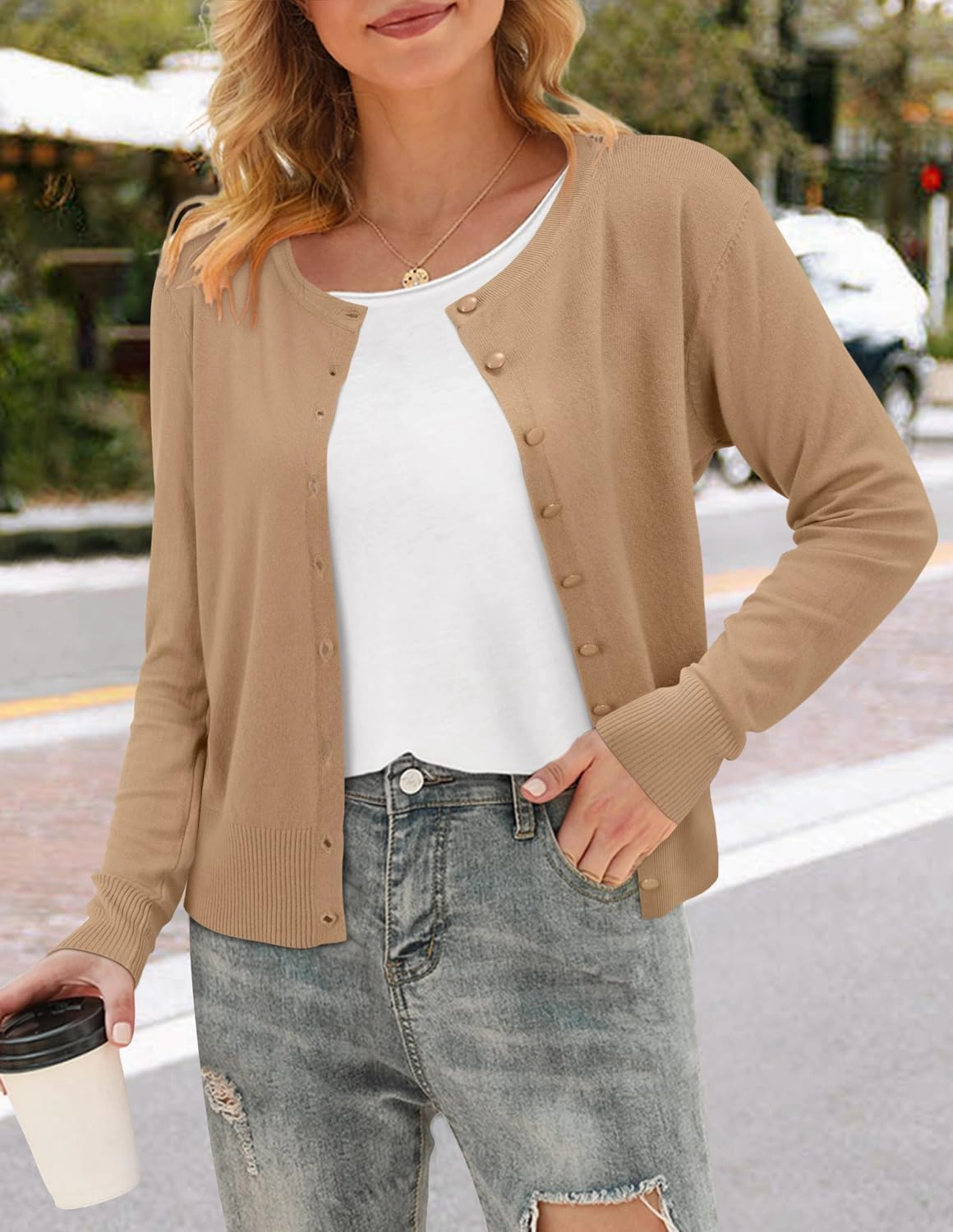 Newshows Women's Lightweight Button Down Cardigan Long Sleeve Casual Crew Neck Soft Knit Cardigans Sweater Tops