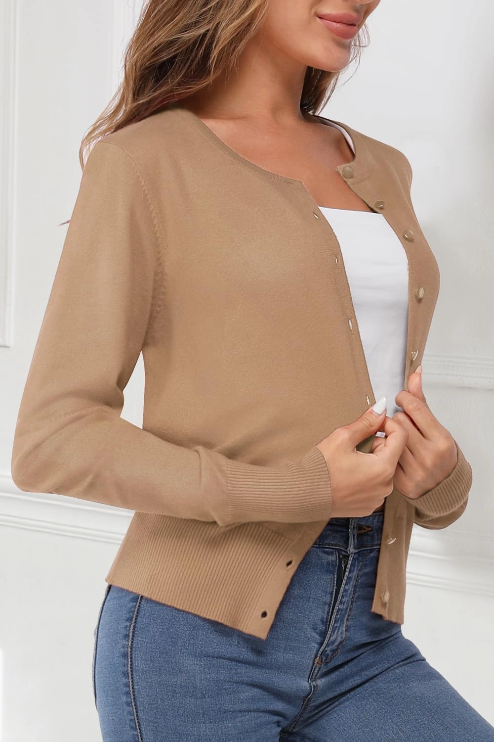Newshows Women's Lightweight Button Down Cardigan Long Sleeve Casual Crew Neck Soft Knit Cardigans Sweater Tops