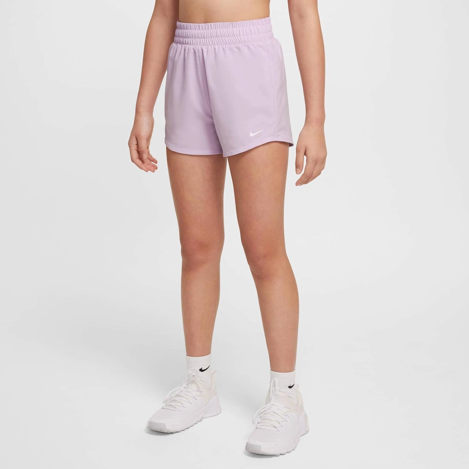 Nike One Big Kids' (Girls') Dri-FIT High-Waisted Woven Training Shorts (DX4967-537, Doll/White)