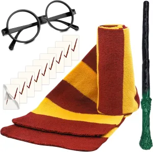 Novelty Scarf Wizard Wand Glasses with Round Frame No Lenses Tattoos for Halloween Party Kids Birthday Party Cosplay Costume Accessories