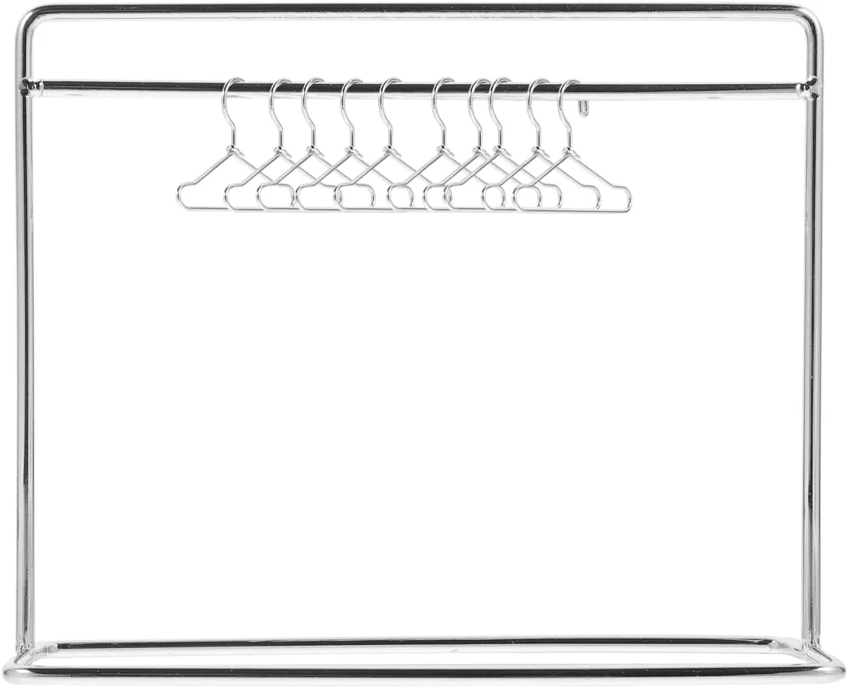 NUOBESTY Mini Iron Doll Clothes Rack with 10 Hangers, Dollhouse Furniture Accessories for Doll Clothes Storage and Display, Silver, 5.90 * 4.72 * 2.16inch