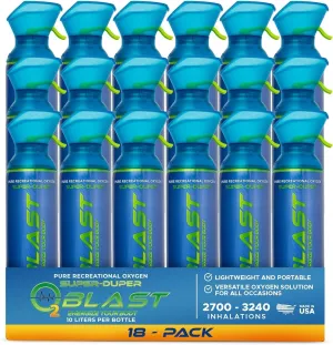 O2 Blast - Pure Oxygen Supplement, Portable Can Filled with 99.99% Pure Oxygen with Custom Breathing Mask, Energy, Performance, Fast Recovery Time, Ideal for High Altitude & Sports - 10L, 18-Pack