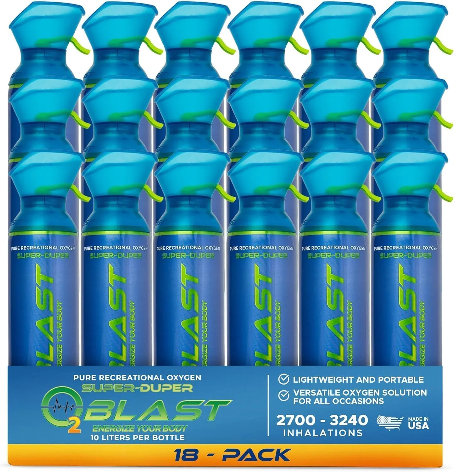 O2 Blast - Pure Oxygen Supplement, Portable Can Filled with 99.99% Pure Oxygen with Custom Breathing Mask, Energy, Performance, Fast Recovery Time, Ideal for High Altitude & Sports - 10L, 18-Pack