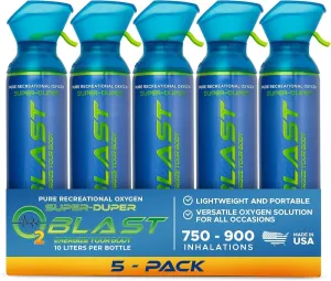 O2 Blast - Pure Oxygen Supplement, Portable Can Filled with 99.99% Pure Oxygen with Custom Breathing Mask, Energy, Performance, Fast Recovery Time, Ideal for High Altitude & Sports - 10L, 5-Pack