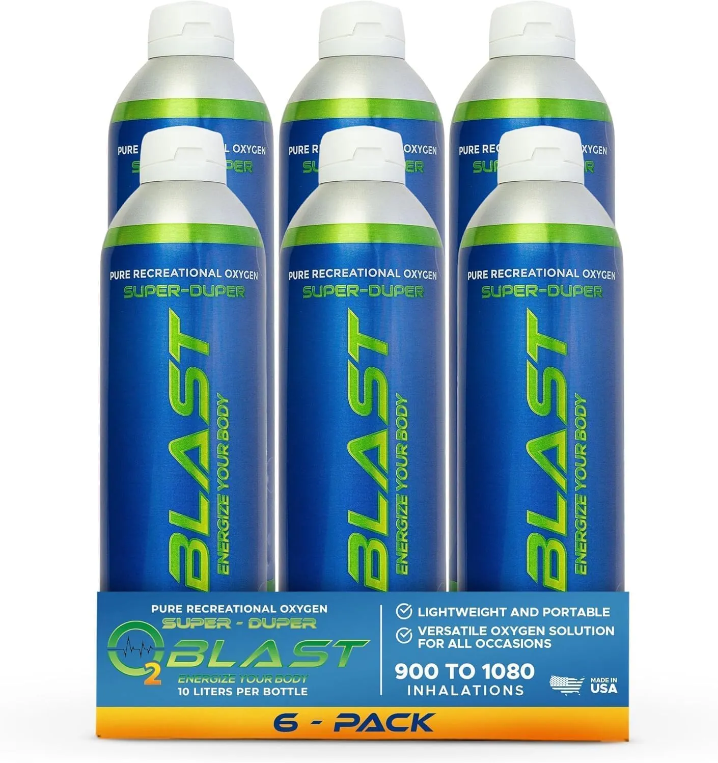 O2 Blast - Pure Oxygen Supplement, Portable Can Filled with 99.99% Pure Oxygen with Custom Breathing Mask, Energy, Performance, Fast Recovery Time, Ideal for High Altitude & Sports - 10L, 6-Pack