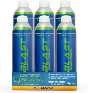 O2 Blast - Pure Oxygen Supplement, Portable Can Filled with 99.99% Pure Oxygen with Custom Breathing Mask, Energy, Performance, Fast Recovery Time, Ideal for High Altitude & Sports - 10L, 6-Pack