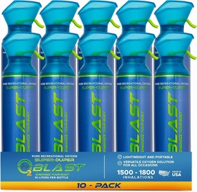 O2 Blast - Pure Oxygen Supplement, Portable Can Filled with 99.99% Pure Oxygen with Custom Breathing Mask, Energy, Performance, Fast Recovery Time, Ideal for High Altitude & Sports - 10L, 10-Pack
