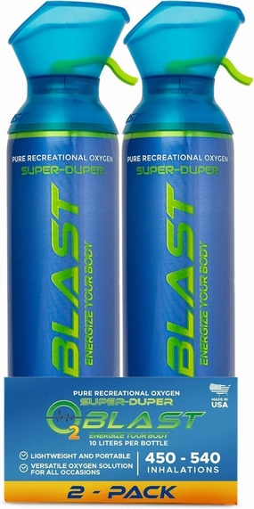 O2 Blast - Pure Oxygen Supplement, Portable Can Filled with 99.99% Pure Oxygen with Custom Breathing Mask, Energy, Performance, Fast Recovery Time, Ideal for High Altitude & Sports - 10L, 2-Pack