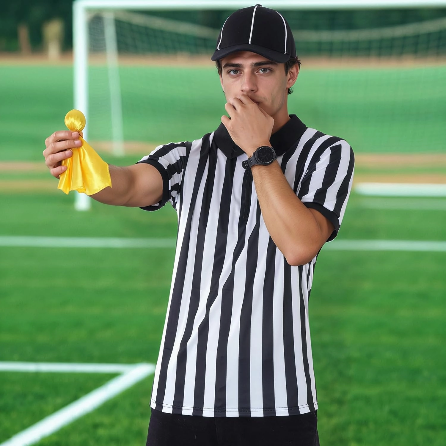 obmwang Referee Shirt for Womens and Mens, Stripe Umpire Jersey Referee Hat Yellow Penalty Flag and Whistle for Football Halloween