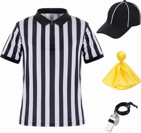 obmwang Referee Shirt for Womens and Mens, Stripe Umpire Jersey Referee Hat Yellow Penalty Flag and Whistle for Football Halloween
